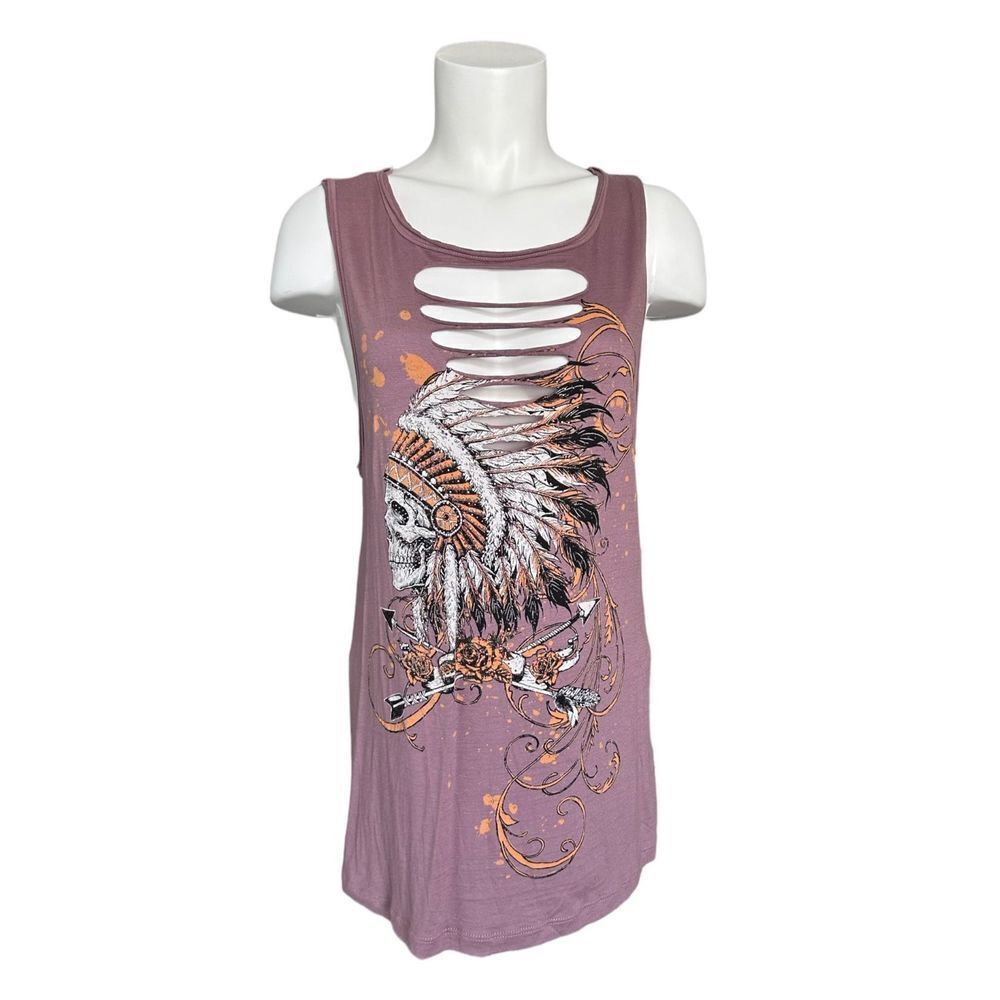 Vocal Women’s Purple Sleeveless Native American Chief Skull Tank Top Size Small